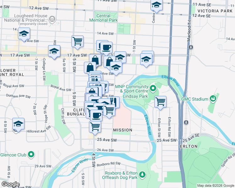 map of restaurants, bars, coffee shops, grocery stores, and more near 234 21 Avenue Southwest in Calgary