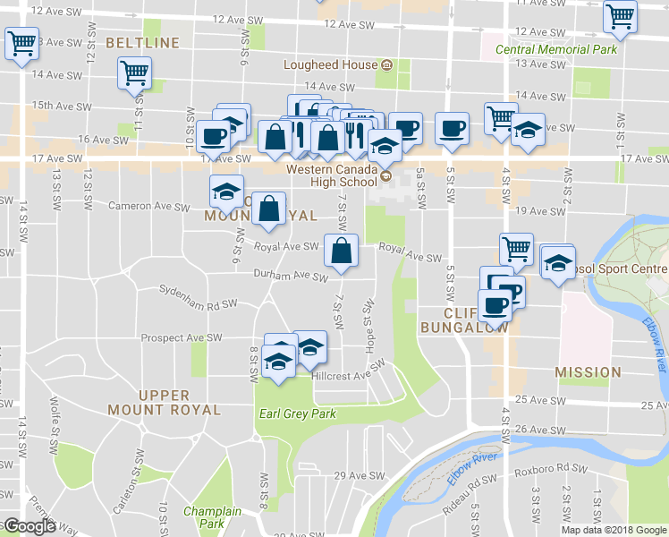 map of restaurants, bars, coffee shops, grocery stores, and more near 2015 7 Street Southwest in Calgary