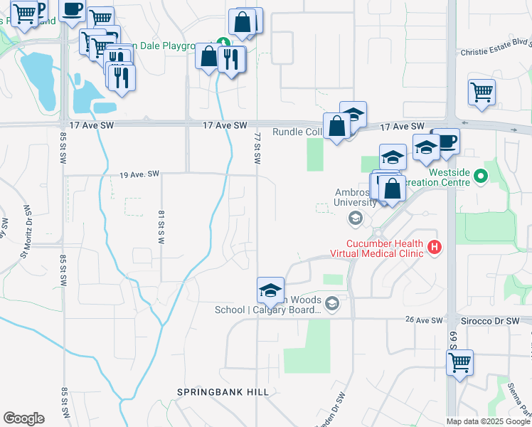 map of restaurants, bars, coffee shops, grocery stores, and more near 2202 77 Street Southwest in Calgary