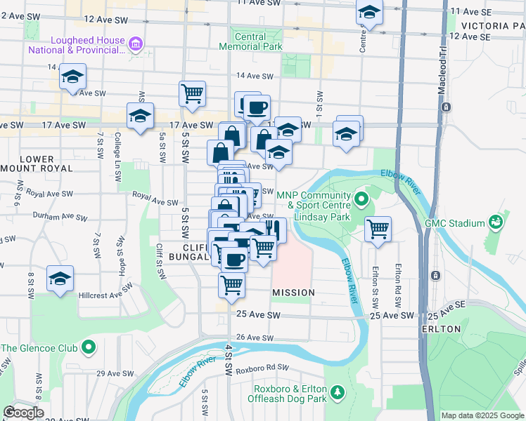 map of restaurants, bars, coffee shops, grocery stores, and more near 310 21 Avenue Southwest in Calgary