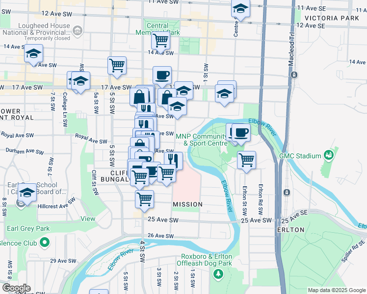 map of restaurants, bars, coffee shops, grocery stores, and more near 230 21 Avenue Southwest in Calgary