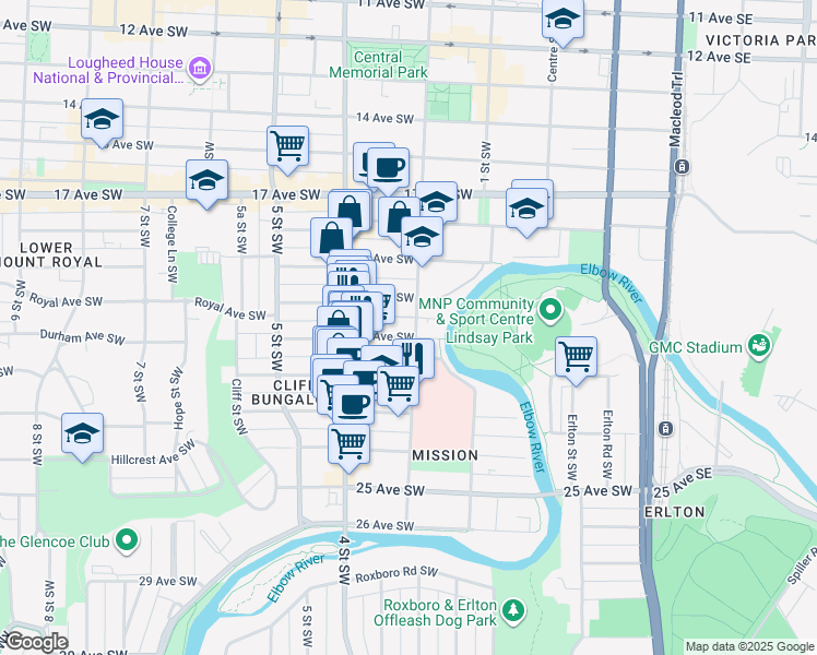 map of restaurants, bars, coffee shops, grocery stores, and more near 304 21 Avenue Southwest in Calgary