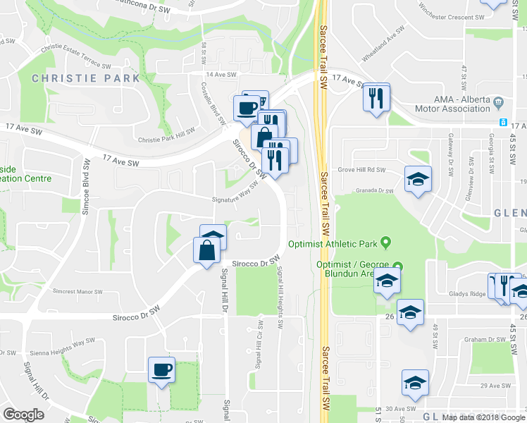 map of restaurants, bars, coffee shops, grocery stores, and more near 119 Sirocco Place Southwest in Calgary