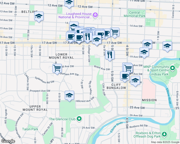 map of restaurants, bars, coffee shops, grocery stores, and more near 2103 Hope Street Southwest in Calgary
