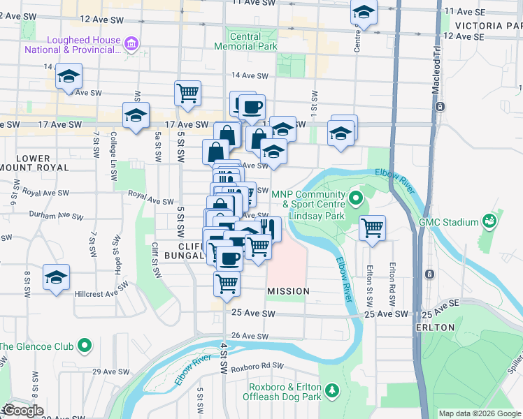 map of restaurants, bars, coffee shops, grocery stores, and more near 306 21 Avenue Southwest in Calgary