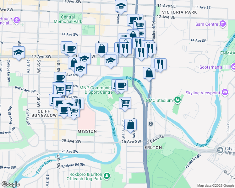 map of restaurants, bars, coffee shops, grocery stores, and more near 2225 Macleod Trail Southeast in Calgary