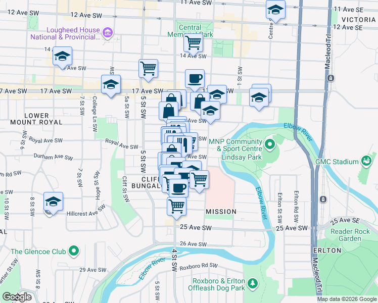 map of restaurants, bars, coffee shops, grocery stores, and more near 321 21 Avenue Southwest in Calgary