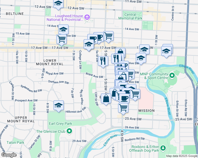map of restaurants, bars, coffee shops, grocery stores, and more near in Calgary