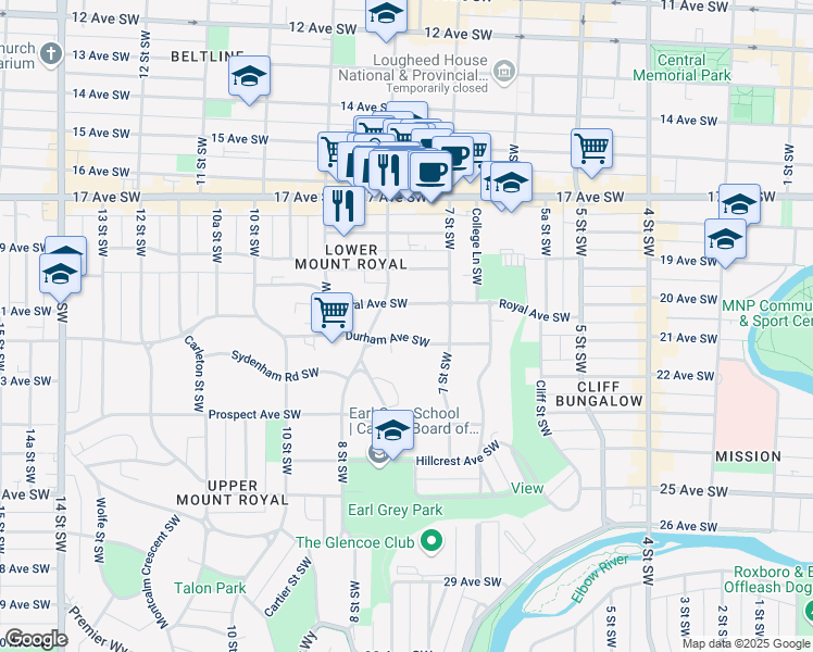 map of restaurants, bars, coffee shops, grocery stores, and more near 826 Durham Avenue Southwest in Calgary