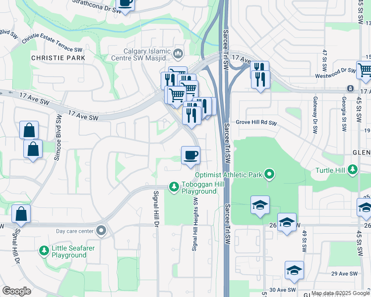 map of restaurants, bars, coffee shops, grocery stores, and more near 119 Sirocco Place Southwest in Calgary