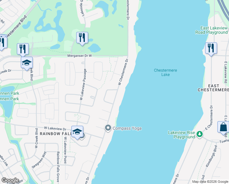 map of restaurants, bars, coffee shops, grocery stores, and more near 484 Sandy Beach Cove in Chestermere