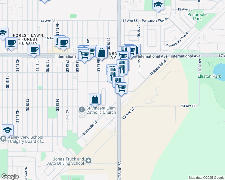 map of restaurants, bars, coffee shops, grocery stores, and more near 2105 52 Street Southeast in Calgary