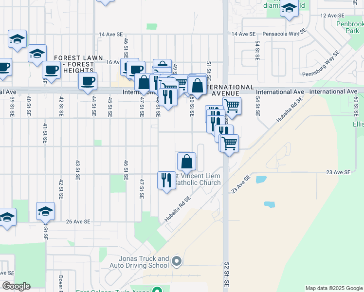 map of restaurants, bars, coffee shops, grocery stores, and more near 2121 50 Street Southeast in Calgary