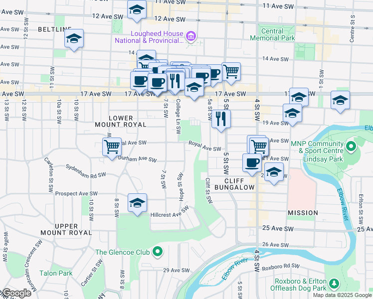 map of restaurants, bars, coffee shops, grocery stores, and more near 2103 Hope Street Southwest in Calgary