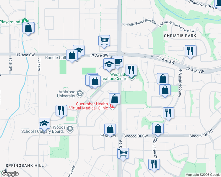 map of restaurants, bars, coffee shops, grocery stores, and more near 69 Springborough Court Southwest in Calgary