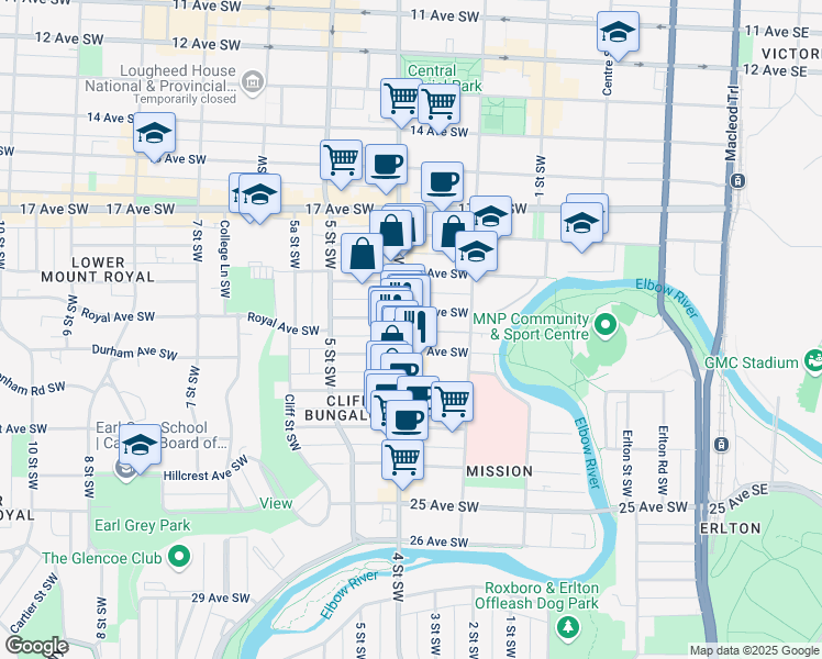 map of restaurants, bars, coffee shops, grocery stores, and more near 328 21 Avenue Southwest in Calgary