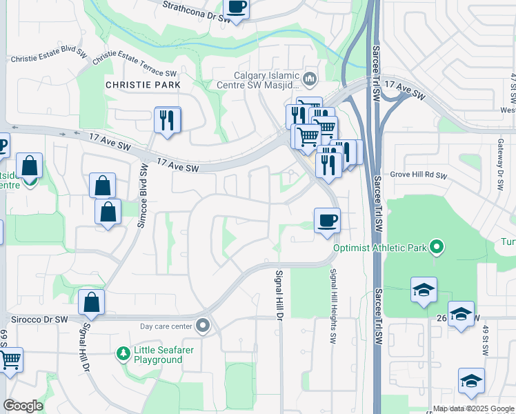 map of restaurants, bars, coffee shops, grocery stores, and more near 65 Signature Way Southwest in Calgary