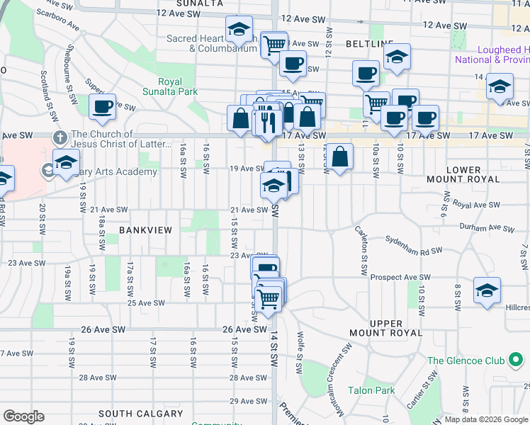 map of restaurants, bars, coffee shops, grocery stores, and more near in Calgary