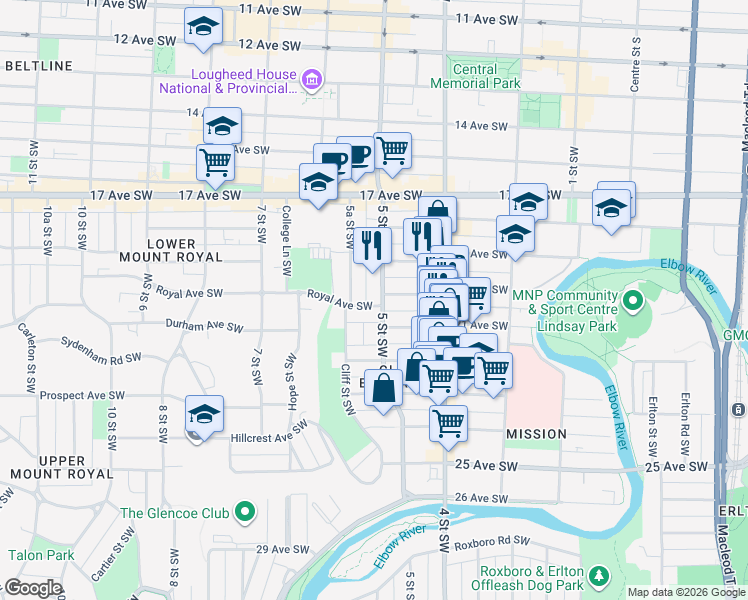 map of restaurants, bars, coffee shops, grocery stores, and more near in Calgary