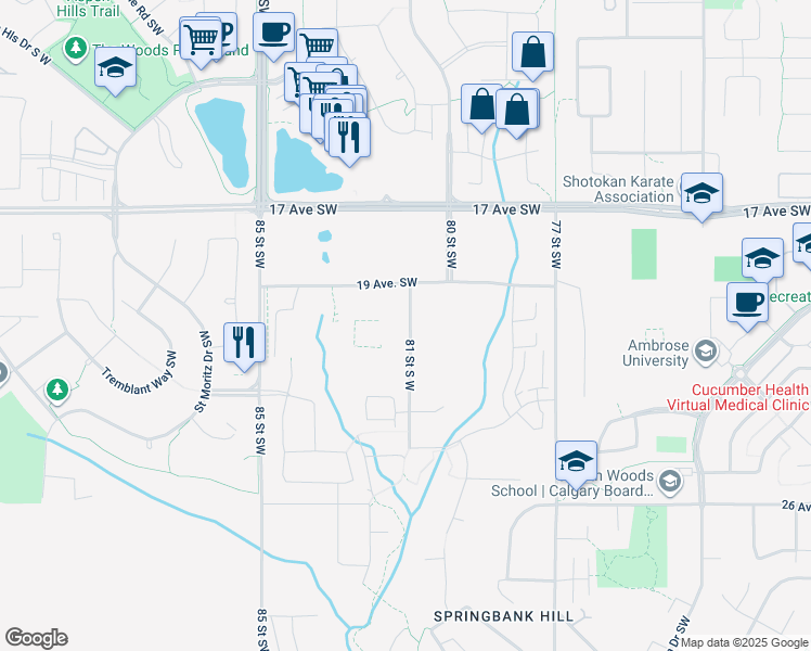 map of restaurants, bars, coffee shops, grocery stores, and more near 2209 81 Street Southwest in Calgary