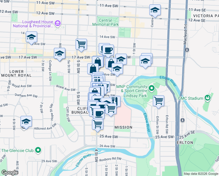 map of restaurants, bars, coffee shops, grocery stores, and more near 304 21 Avenue Southwest in Calgary