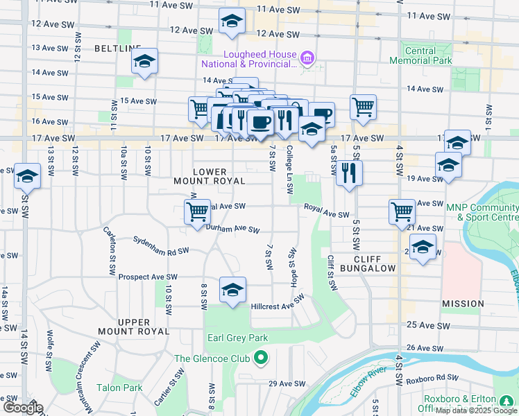 map of restaurants, bars, coffee shops, grocery stores, and more near 2015 7 Street Southwest in Calgary