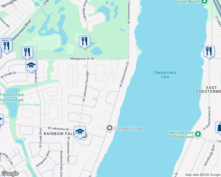 map of restaurants, bars, coffee shops, grocery stores, and more near 484 Sandy Beach Cove in Chestermere