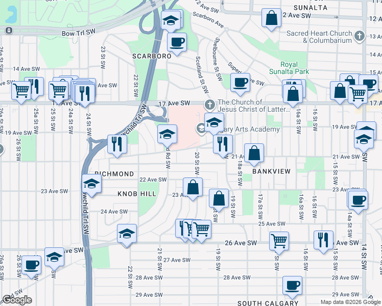 map of restaurants, bars, coffee shops, grocery stores, and more near 2111 21 Avenue Southwest in Calgary