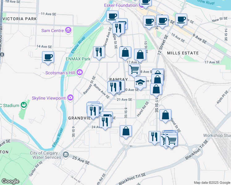 map of restaurants, bars, coffee shops, grocery stores, and more near in Calgary