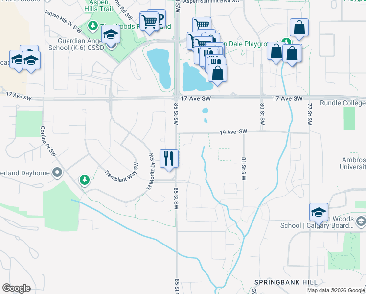 map of restaurants, bars, coffee shops, grocery stores, and more near 2220 85 Street Southwest in Calgary