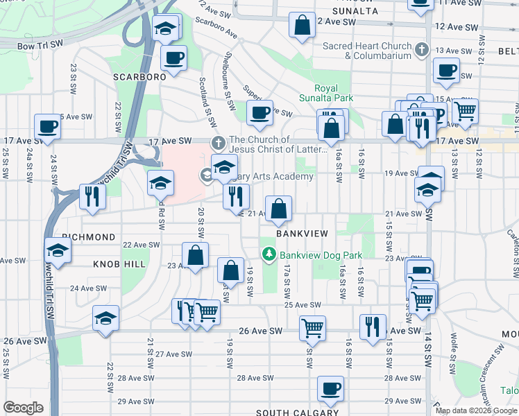 map of restaurants, bars, coffee shops, grocery stores, and more near in Calgary