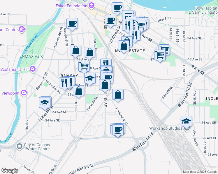 map of restaurants, bars, coffee shops, grocery stores, and more near 1216 20 Avenue Southeast in Calgary
