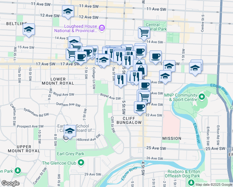 map of restaurants, bars, coffee shops, grocery stores, and more near 1926 5A Street Southwest in Calgary