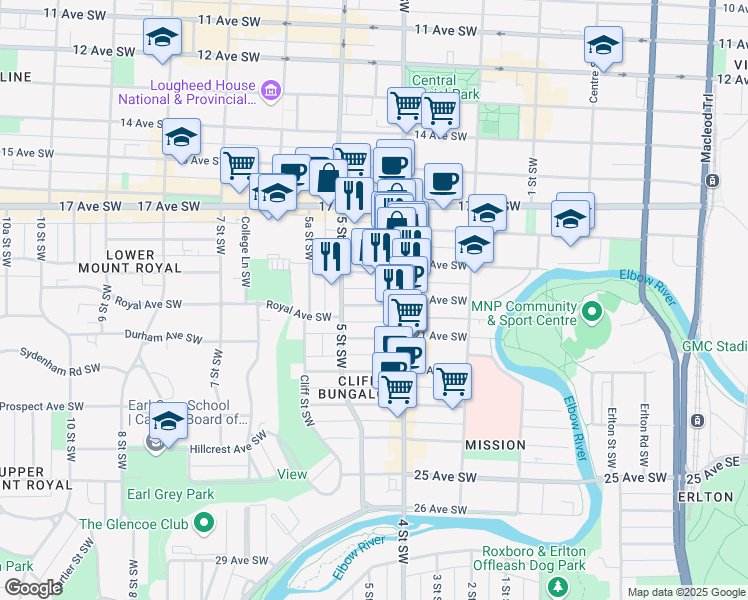 map of restaurants, bars, coffee shops, grocery stores, and more near in Calgary