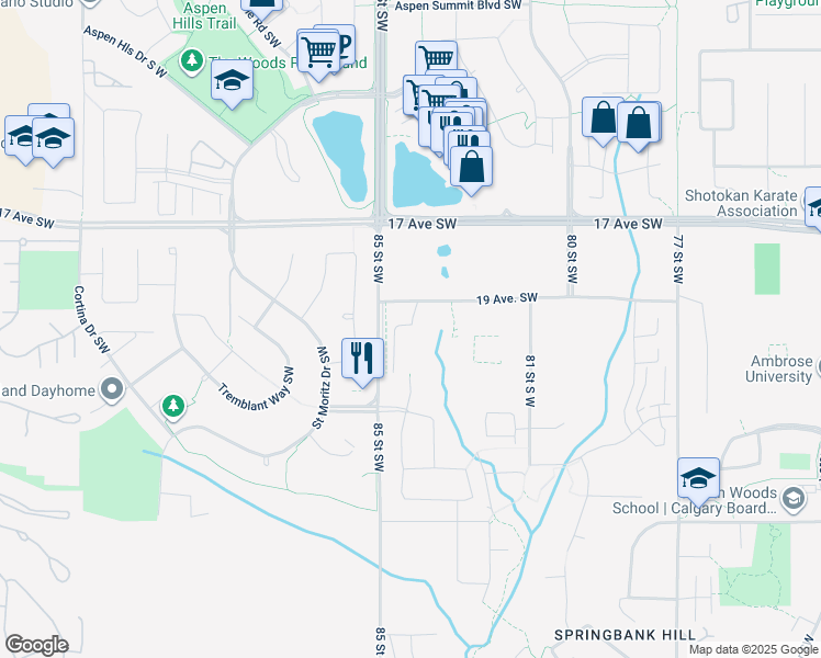 map of restaurants, bars, coffee shops, grocery stores, and more near 2188 85 Street Southwest in Calgary