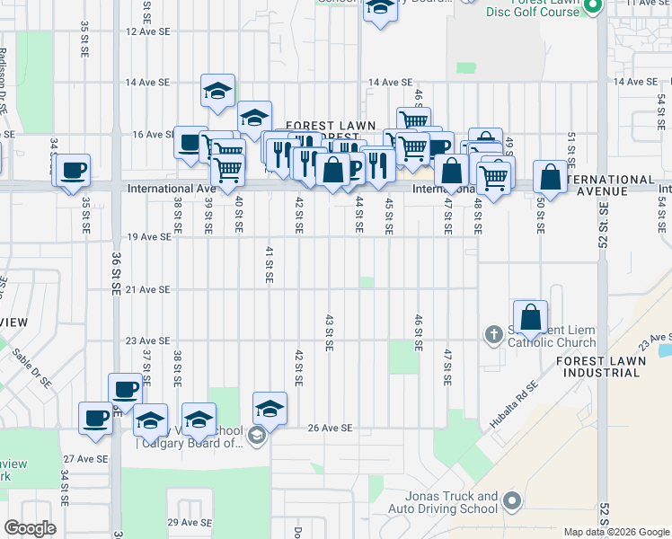 map of restaurants, bars, coffee shops, grocery stores, and more near 2007 43 Street Southeast in Calgary