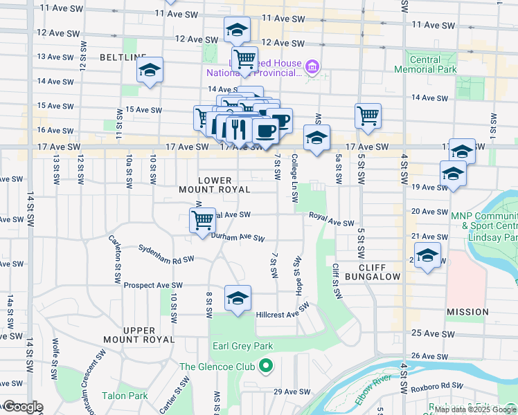 map of restaurants, bars, coffee shops, grocery stores, and more near 824 Royal Avenue Southwest in Calgary