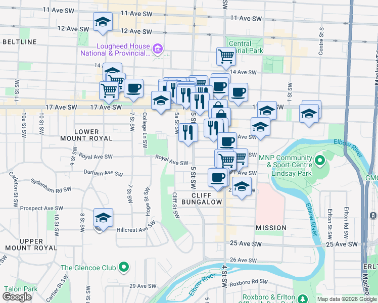map of restaurants, bars, coffee shops, grocery stores, and more near 1902 5A Street Southwest in Calgary