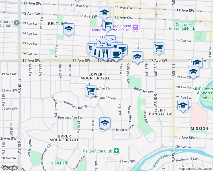 map of restaurants, bars, coffee shops, grocery stores, and more near 1916 8 Street Southwest in Calgary