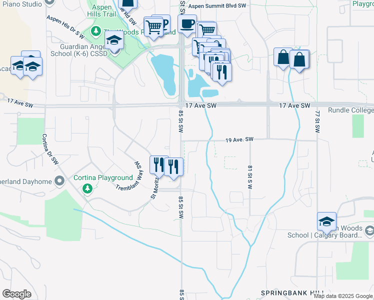 map of restaurants, bars, coffee shops, grocery stores, and more near 2188 85 Street Southwest in Calgary