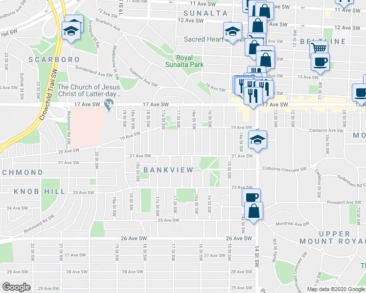 map of restaurants, bars, coffee shops, grocery stores, and more near 2113 16A Street Southwest in Calgary