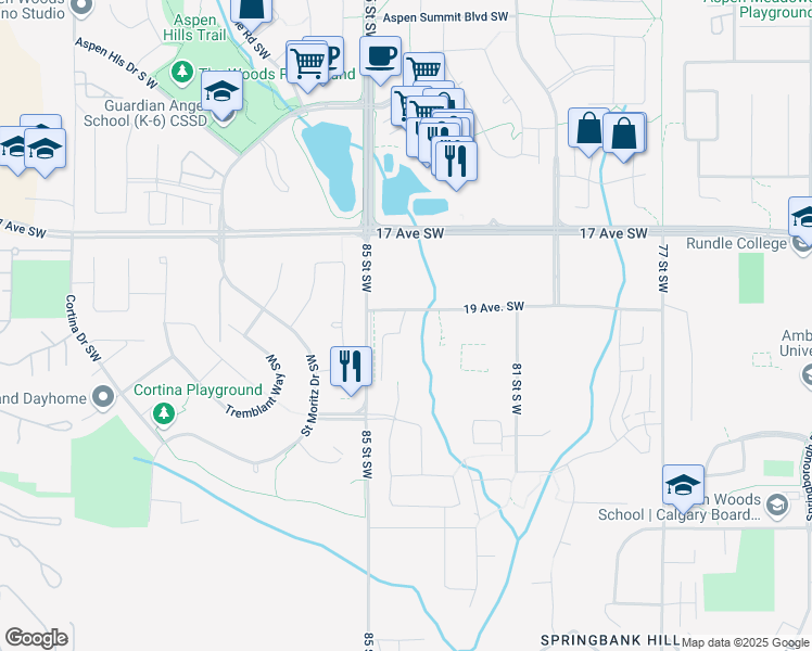 map of restaurants, bars, coffee shops, grocery stores, and more near 2188 85 Street Southwest in Calgary