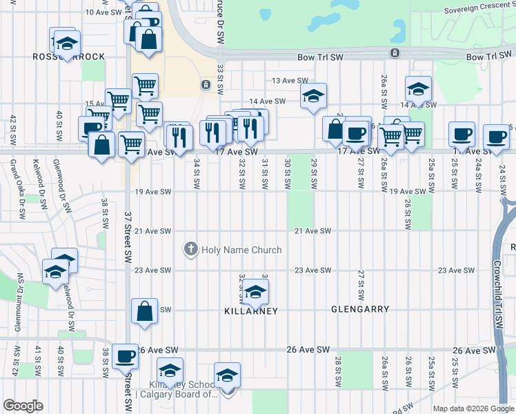 map of restaurants, bars, coffee shops, grocery stores, and more near in Calgary