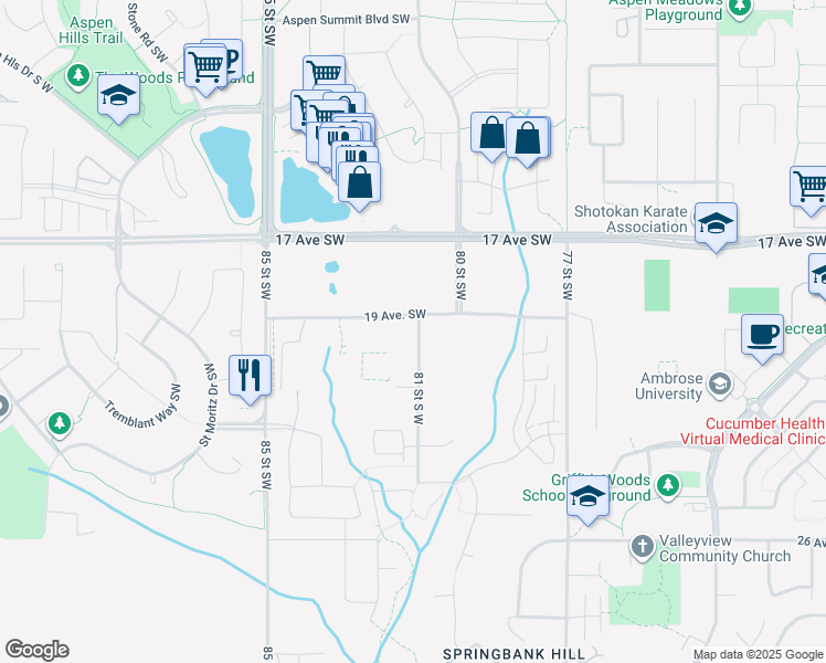 map of restaurants, bars, coffee shops, grocery stores, and more near 2027 81 Street Southwest in Calgary