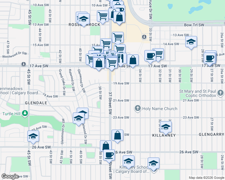map of restaurants, bars, coffee shops, grocery stores, and more near 2004 37 Street Southwest in Calgary