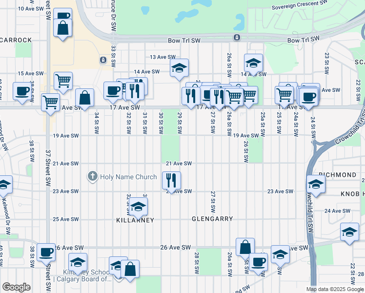 map of restaurants, bars, coffee shops, grocery stores, and more near 2016 29 Street Southwest in Calgary