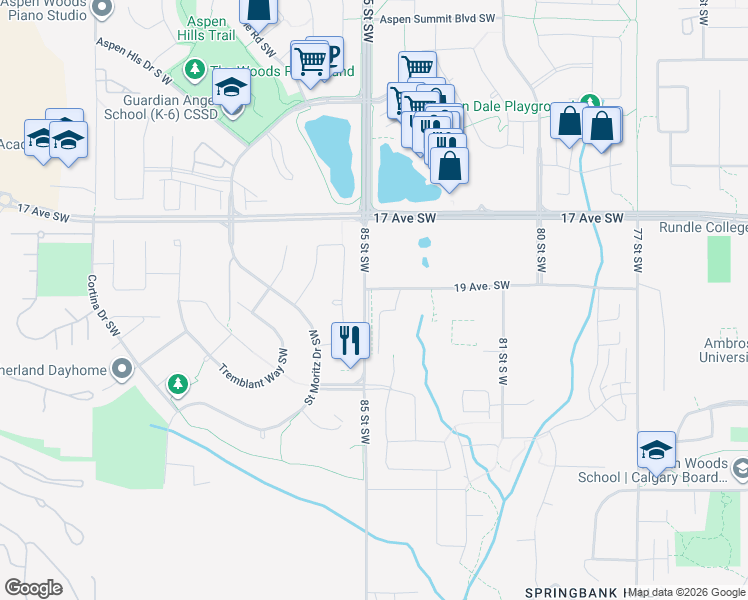 map of restaurants, bars, coffee shops, grocery stores, and more near 2188 85 Street Southwest in Calgary