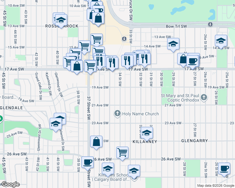 map of restaurants, bars, coffee shops, grocery stores, and more near in Calgary