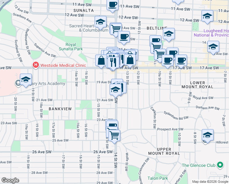 map of restaurants, bars, coffee shops, grocery stores, and more near in Calgary