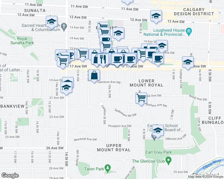 map of restaurants, bars, coffee shops, grocery stores, and more near 1916 10A Street Southwest in Calgary